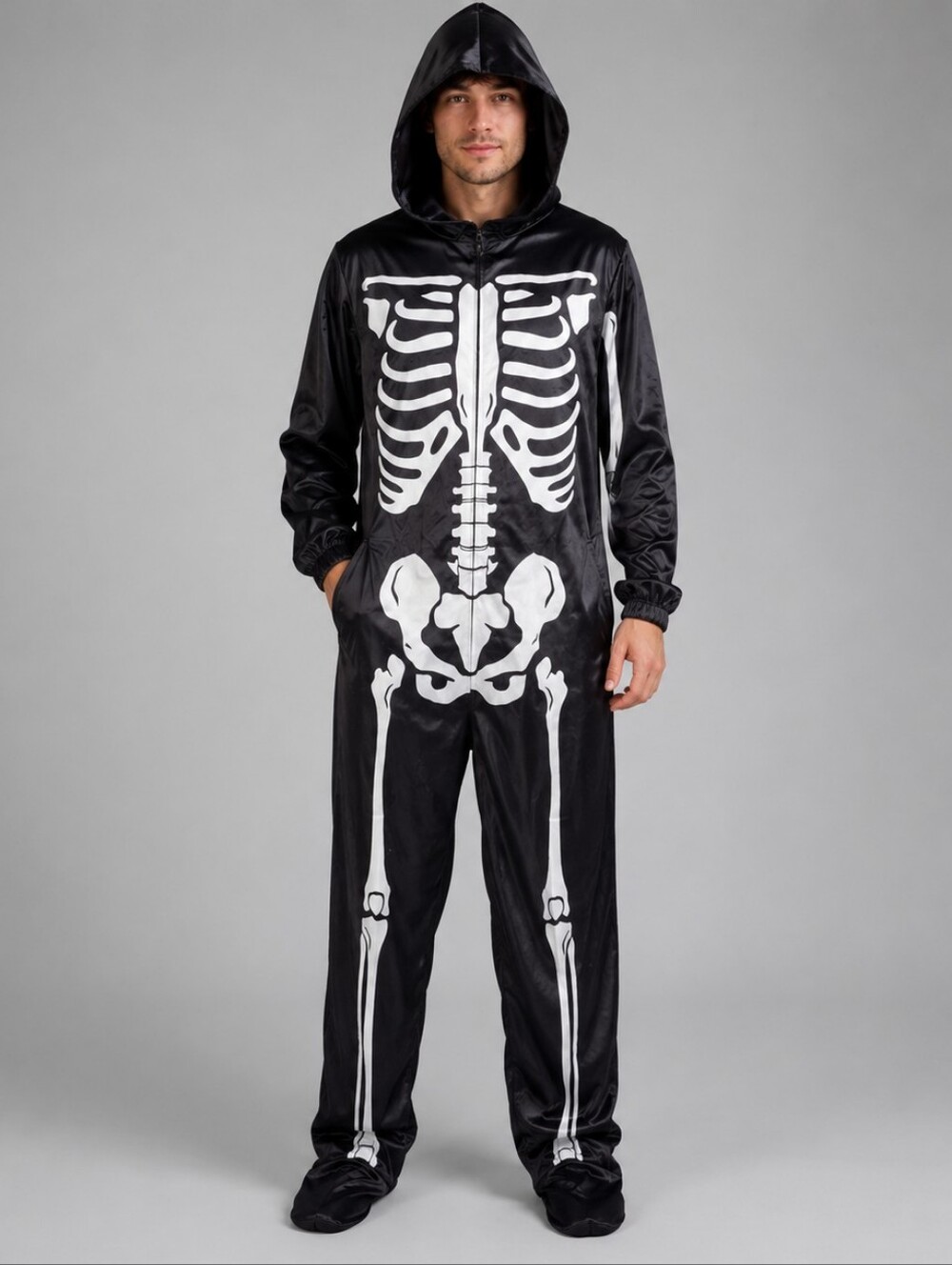 EraSpooky Skele-Bones Skeleton Pajama Adult Large Hooded Halloween Jumpsuit